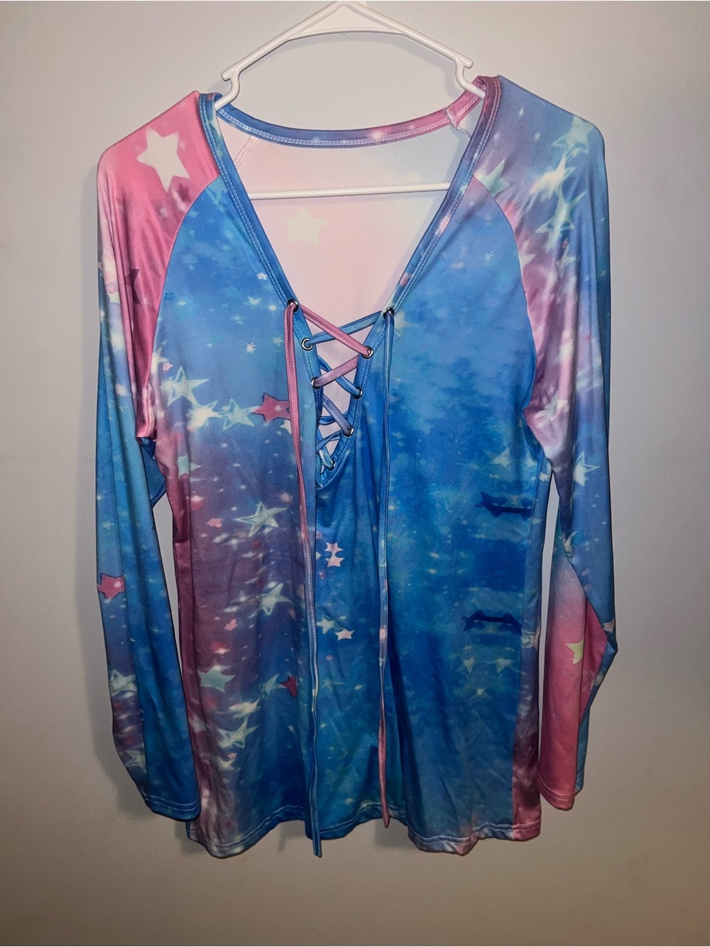 Women’s Lace-Up Long Sleeve Swim Top - Blue/Pink Star Print